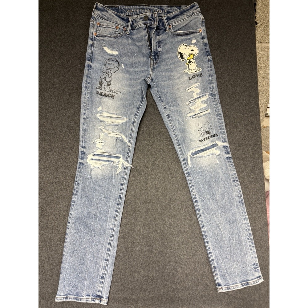 American Eagle Peanuts Airflex+ Jeans Men's Size 31x32 Blue Distressed Snoopy